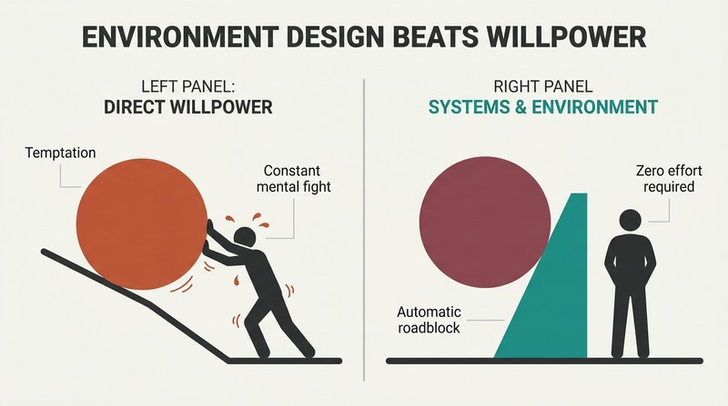 Split panel diagram comparing direct willpower resistance to environmental design, using a metaphor of a person struggling to hold up a boulder versus a system wall effortlessly blocking it.