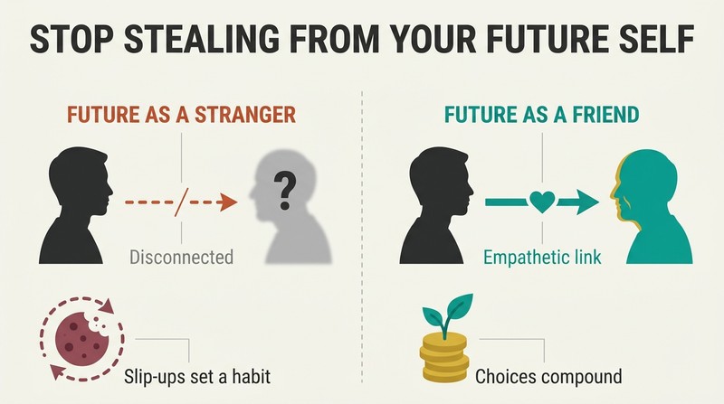 Split-panel diagram contrasting a broken connection with a blurry future self vs. a strong, empathetic connection with a vivid future self.