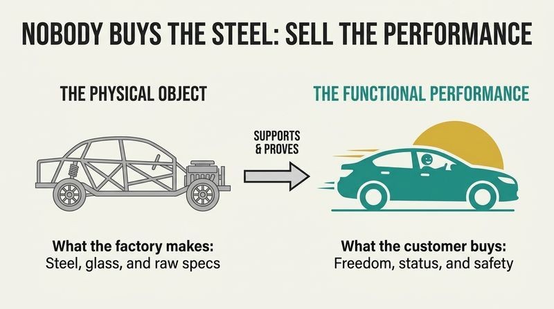 Split-panel diagram comparing a cold technical blueprint of a car's steel chassis on the left with a vibrant illustration of a car driving towards a sunrise on the right, demonstrating that customers buy performance and benefits, not raw materials.