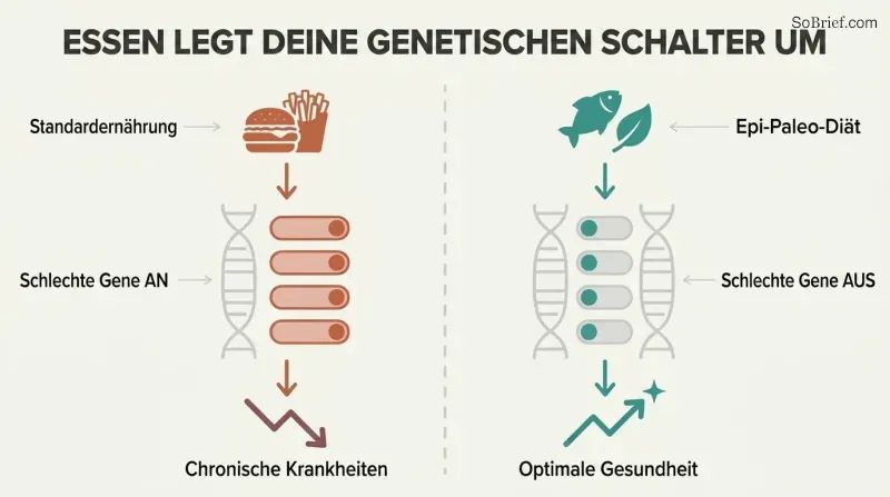 Split panel comparing how a poor diet switches harmful genes on while a nutrient-dense diet switches them off, with toggle switches on a shared DNA strand illustrating epigenetic control.
