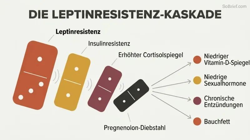 Falling domino chain showing leptin resistance toppling insulin resistance, then cortisol elevation, then pregnenolone steal, which fans out into four downstream health deficiencies.