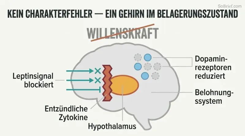 Simplified brain profile showing inflammatory cytokines blocking leptin signals at the hypothalamus and reduced dopamine receptors, with "willpower" crossed out above.