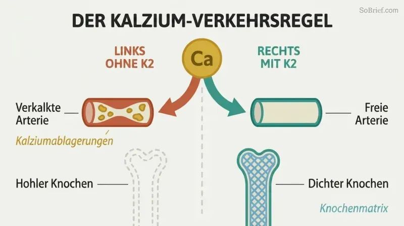 Fork diagram showing calcium directed to arteries without vitamin K2 versus directed to bones with vitamin K2 present.