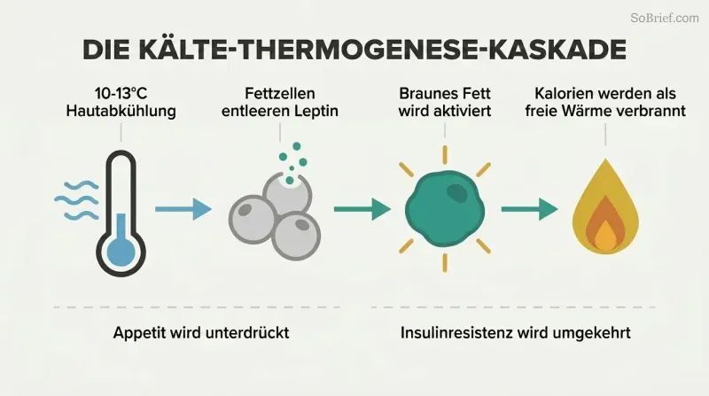 Horizontal four-stage chain showing cold exposure triggering leptin release from fat cells, activating brown fat, and producing heat that burns calories.