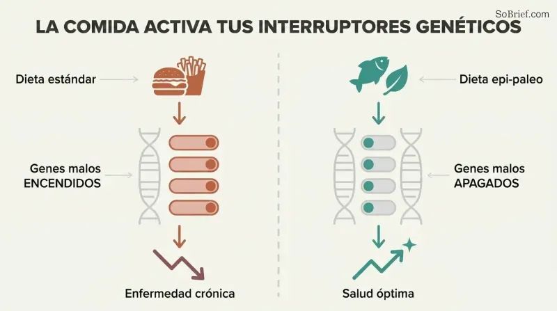 Split panel comparing how a poor diet switches harmful genes on while a nutrient-dense diet switches them off, with toggle switches on a shared DNA strand illustrating epigenetic control.
