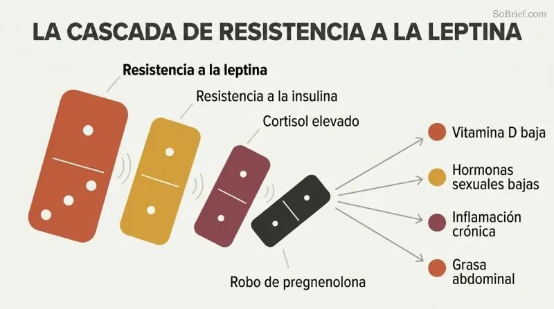 Falling domino chain showing leptin resistance toppling insulin resistance, then cortisol elevation, then pregnenolone steal, which fans out into four downstream health deficiencies.