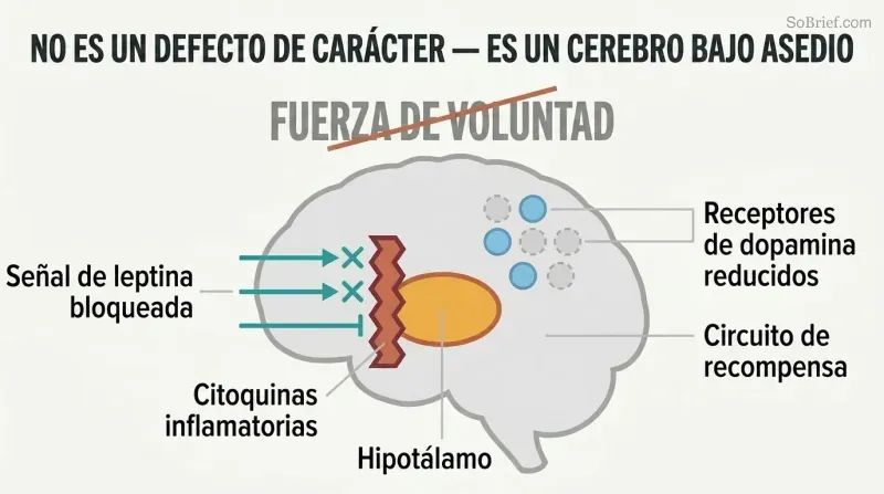Simplified brain profile showing inflammatory cytokines blocking leptin signals at the hypothalamus and reduced dopamine receptors, with "willpower" crossed out above.