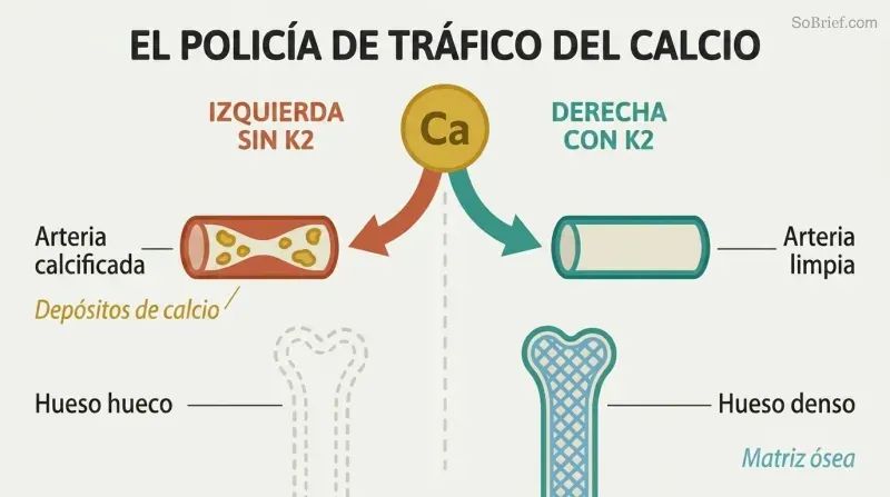 Fork diagram showing calcium directed to arteries without vitamin K2 versus directed to bones with vitamin K2 present.