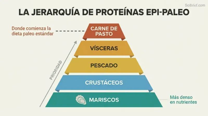 Five-tier food pyramid with shellfish as the wide foundation and grass-fed meat as the narrow top, a marker showing standard paleo starts only at the top tier.