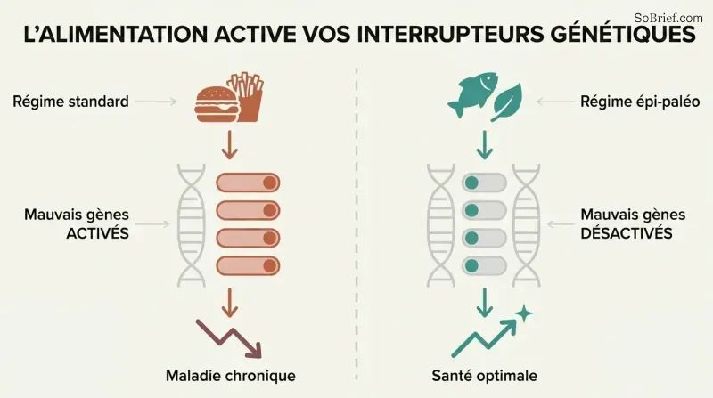 Split panel comparing how a poor diet switches harmful genes on while a nutrient-dense diet switches them off, with toggle switches on a shared DNA strand illustrating epigenetic control.