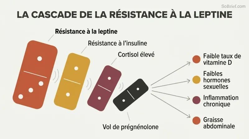 Falling domino chain showing leptin resistance toppling insulin resistance, then cortisol elevation, then pregnenolone steal, which fans out into four downstream health deficiencies.