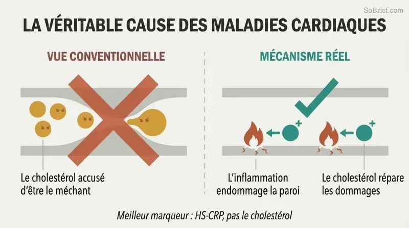 Split panel contrasting the wrong view of cholesterol as villain with the correct view of inflammation as the true cause and cholesterol as the repair molecule.