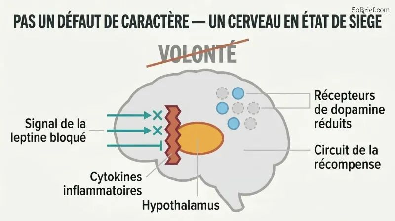 Simplified brain profile showing inflammatory cytokines blocking leptin signals at the hypothalamus and reduced dopamine receptors, with "willpower" crossed out above.