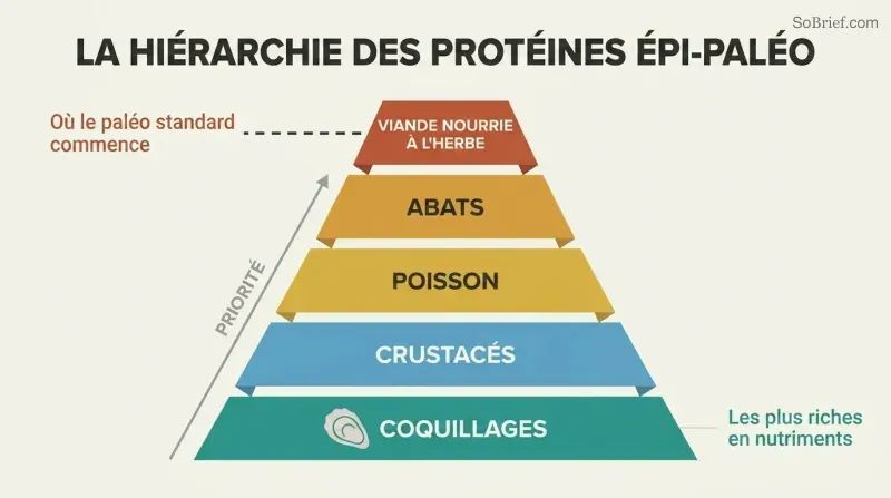Five-tier food pyramid with shellfish as the wide foundation and grass-fed meat as the narrow top, a marker showing standard paleo starts only at the top tier.
