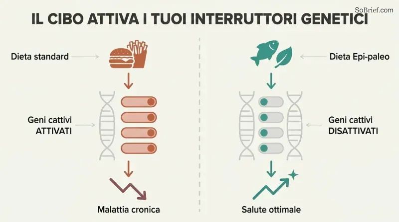 Split panel comparing how a poor diet switches harmful genes on while a nutrient-dense diet switches them off, with toggle switches on a shared DNA strand illustrating epigenetic control.