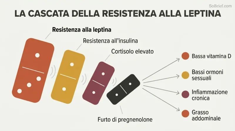 Falling domino chain showing leptin resistance toppling insulin resistance, then cortisol elevation, then pregnenolone steal, which fans out into four downstream health deficiencies.