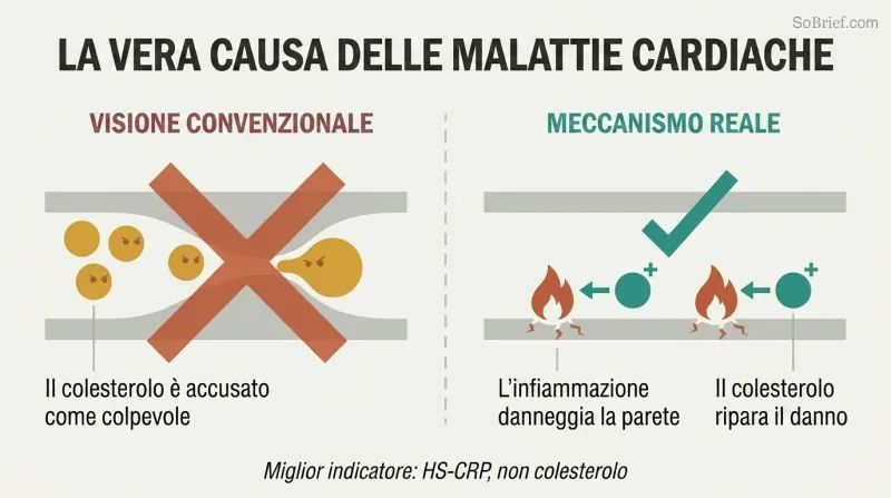 Split panel contrasting the wrong view of cholesterol as villain with the correct view of inflammation as the true cause and cholesterol as the repair molecule.
