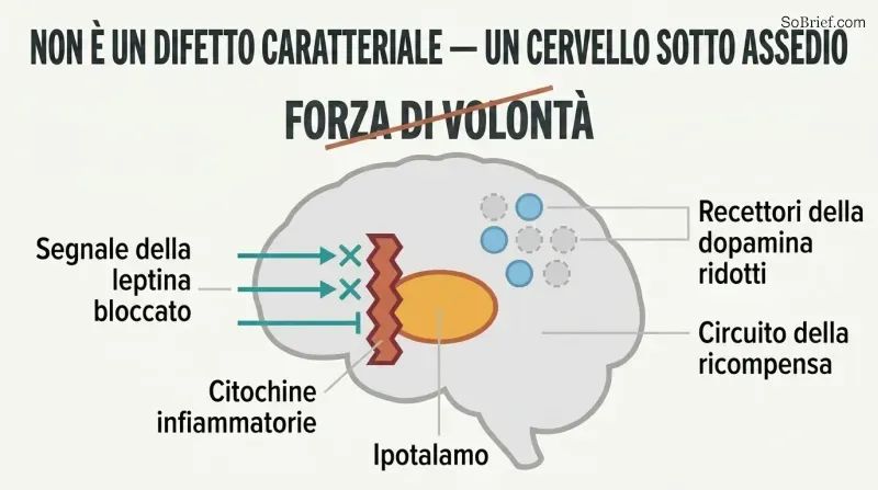 Simplified brain profile showing inflammatory cytokines blocking leptin signals at the hypothalamus and reduced dopamine receptors, with "willpower" crossed out above.