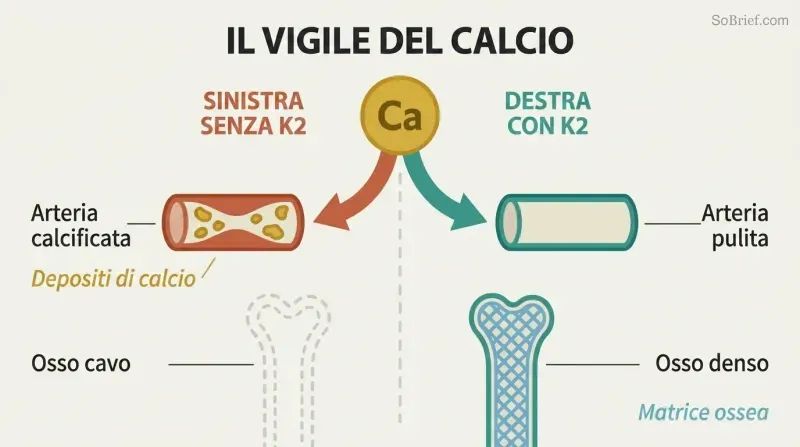 Fork diagram showing calcium directed to arteries without vitamin K2 versus directed to bones with vitamin K2 present.