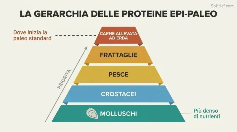 Five-tier food pyramid with shellfish as the wide foundation and grass-fed meat as the narrow top, a marker showing standard paleo starts only at the top tier.
