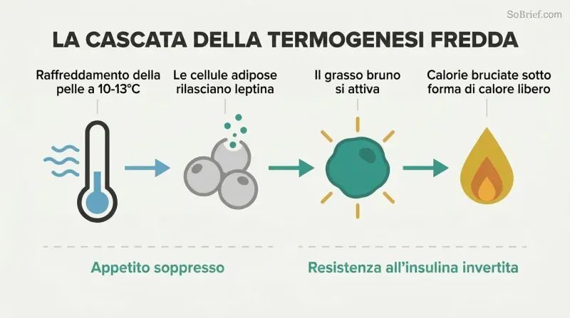 Horizontal four-stage chain showing cold exposure triggering leptin release from fat cells, activating brown fat, and producing heat that burns calories.
