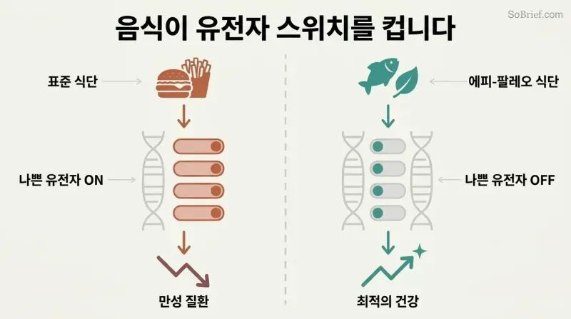 Split panel comparing how a poor diet switches harmful genes on while a nutrient-dense diet switches them off, with toggle switches on a shared DNA strand illustrating epigenetic control.