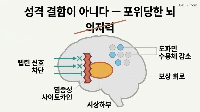 Simplified brain profile showing inflammatory cytokines blocking leptin signals at the hypothalamus and reduced dopamine receptors, with "willpower" crossed out above.