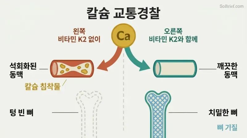Fork diagram showing calcium directed to arteries without vitamin K2 versus directed to bones with vitamin K2 present.