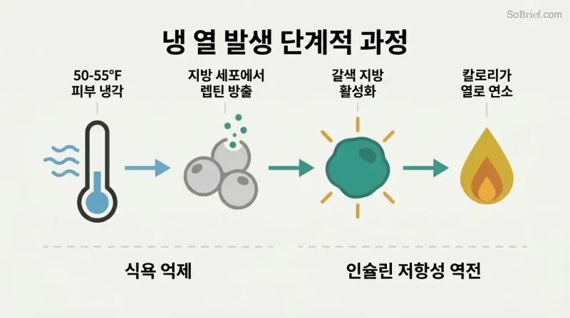 Horizontal four-stage chain showing cold exposure triggering leptin release from fat cells, activating brown fat, and producing heat that burns calories.