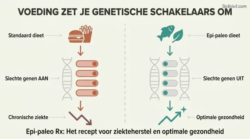 Split panel comparing how a poor diet switches harmful genes on while a nutrient-dense diet switches them off, with toggle switches on a shared DNA strand illustrating epigenetic control.