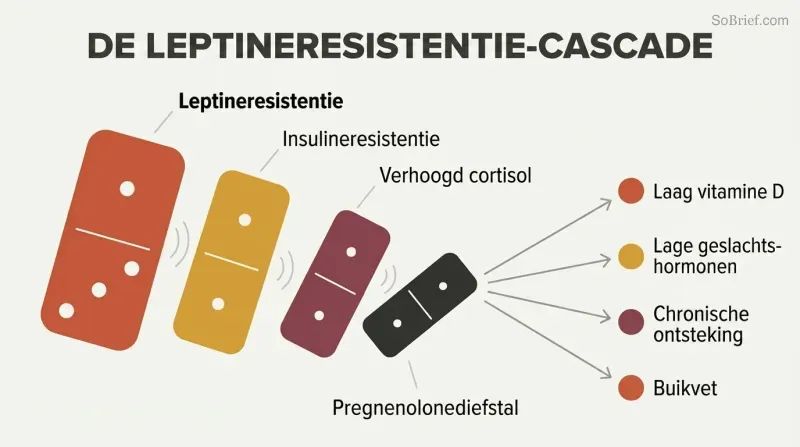 Falling domino chain showing leptin resistance toppling insulin resistance, then cortisol elevation, then pregnenolone steal, which fans out into four downstream health deficiencies.