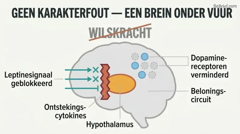 Simplified brain profile showing inflammatory cytokines blocking leptin signals at the hypothalamus and reduced dopamine receptors, with "willpower" crossed out above.