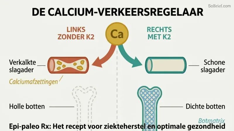 Fork diagram showing calcium directed to arteries without vitamin K2 versus directed to bones with vitamin K2 present.