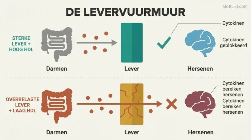 Split panel comparing a healthy liver blocking inflammatory cytokines from reaching the brain versus an overwhelmed liver allowing them through.