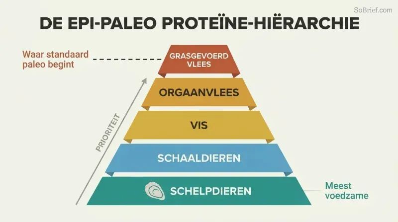 Five-tier food pyramid with shellfish as the wide foundation and grass-fed meat as the narrow top, a marker showing standard paleo starts only at the top tier.