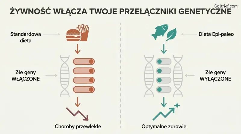 Split panel comparing how a poor diet switches harmful genes on while a nutrient-dense diet switches them off, with toggle switches on a shared DNA strand illustrating epigenetic control.