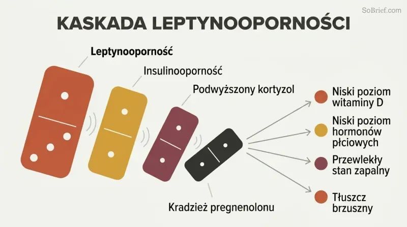 Falling domino chain showing leptin resistance toppling insulin resistance, then cortisol elevation, then pregnenolone steal, which fans out into four downstream health deficiencies.