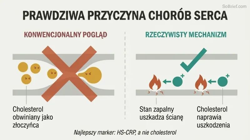 Split panel contrasting the wrong view of cholesterol as villain with the correct view of inflammation as the true cause and cholesterol as the repair molecule.