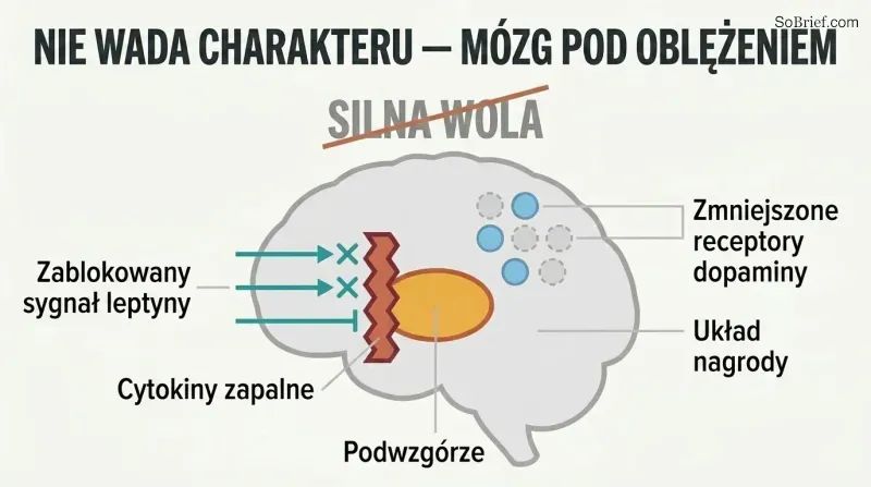 Simplified brain profile showing inflammatory cytokines blocking leptin signals at the hypothalamus and reduced dopamine receptors, with "willpower" crossed out above.