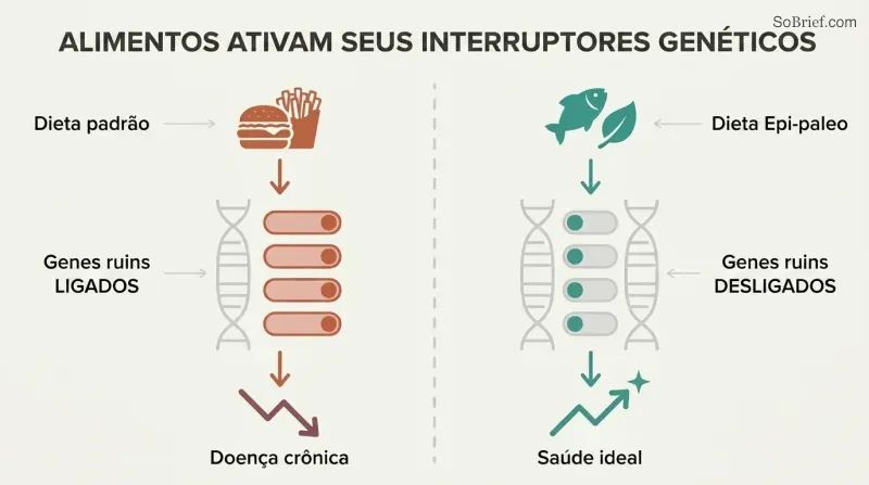 Split panel comparing how a poor diet switches harmful genes on while a nutrient-dense diet switches them off, with toggle switches on a shared DNA strand illustrating epigenetic control.