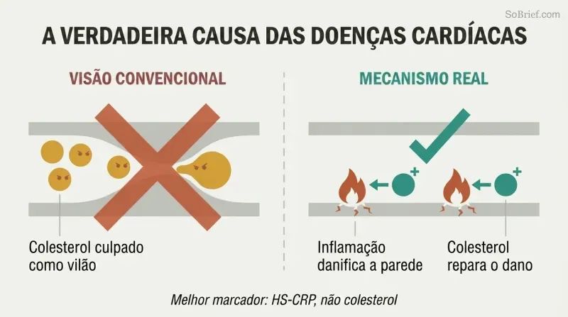 Split panel contrasting the wrong view of cholesterol as villain with the correct view of inflammation as the true cause and cholesterol as the repair molecule.