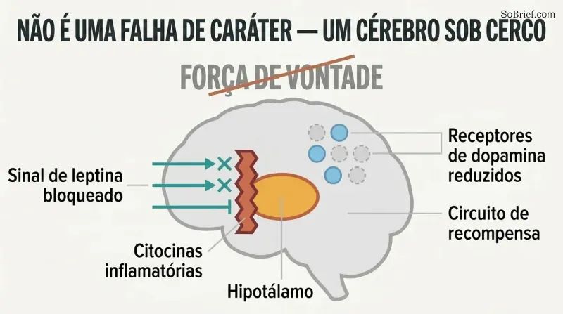 Simplified brain profile showing inflammatory cytokines blocking leptin signals at the hypothalamus and reduced dopamine receptors, with "willpower" crossed out above.