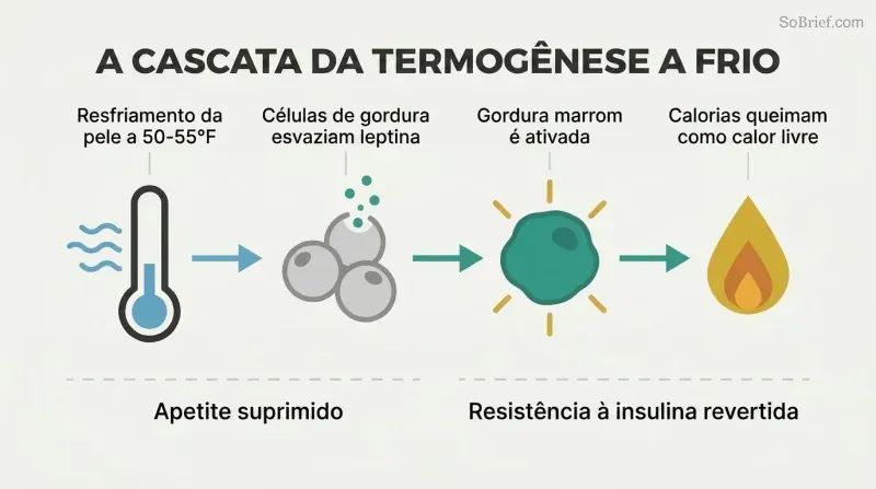 Horizontal four-stage chain showing cold exposure triggering leptin release from fat cells, activating brown fat, and producing heat that burns calories.
