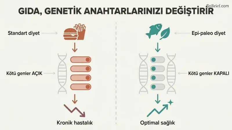 Split panel comparing how a poor diet switches harmful genes on while a nutrient-dense diet switches them off, with toggle switches on a shared DNA strand illustrating epigenetic control.