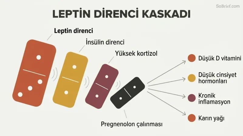 Falling domino chain showing leptin resistance toppling insulin resistance, then cortisol elevation, then pregnenolone steal, which fans out into four downstream health deficiencies.
