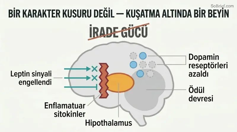 Simplified brain profile showing inflammatory cytokines blocking leptin signals at the hypothalamus and reduced dopamine receptors, with "willpower" crossed out above.