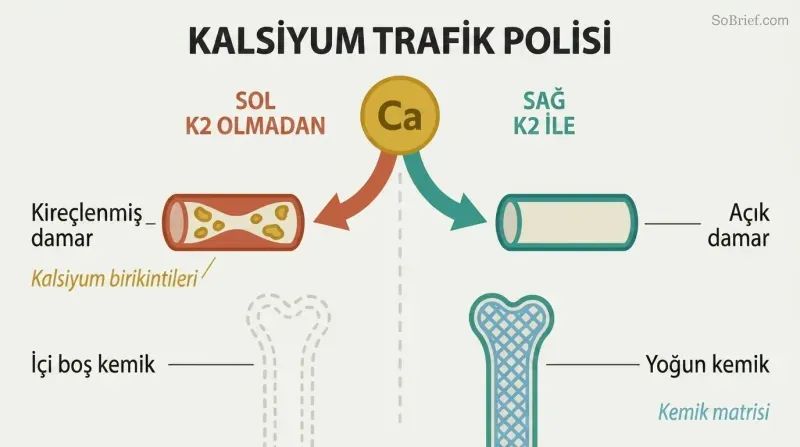 Fork diagram showing calcium directed to arteries without vitamin K2 versus directed to bones with vitamin K2 present.
