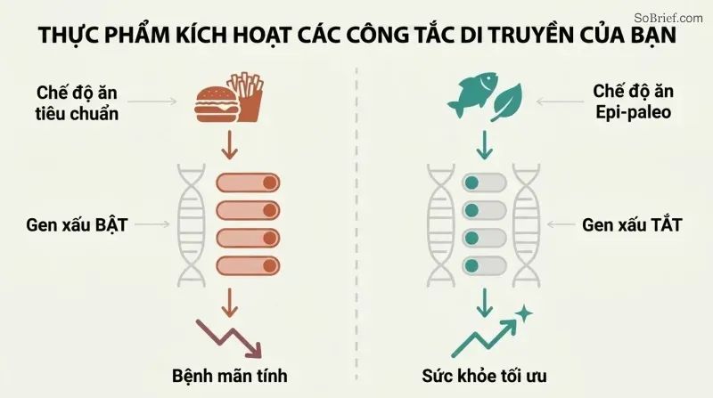 Split panel comparing how a poor diet switches harmful genes on while a nutrient-dense diet switches them off, with toggle switches on a shared DNA strand illustrating epigenetic control.