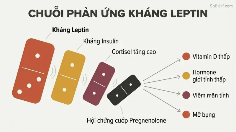 Falling domino chain showing leptin resistance toppling insulin resistance, then cortisol elevation, then pregnenolone steal, which fans out into four downstream health deficiencies.