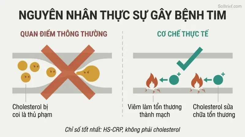 Split panel contrasting the wrong view of cholesterol as villain with the correct view of inflammation as the true cause and cholesterol as the repair molecule.